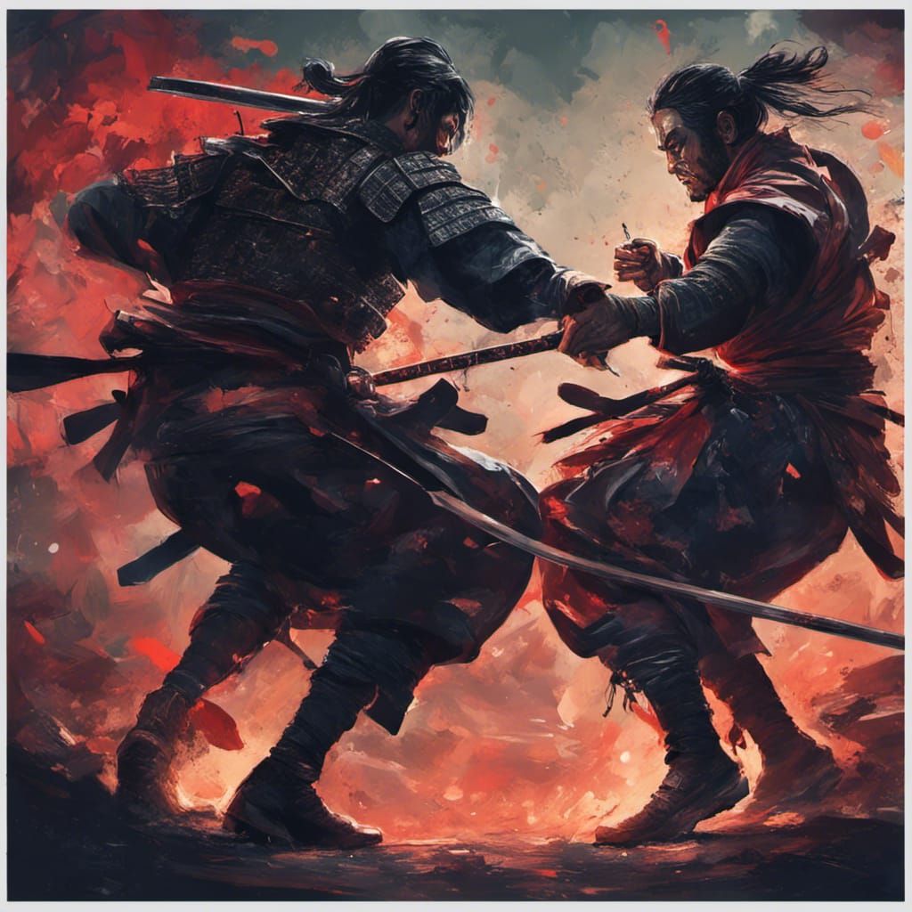 Samurai and Ninja Duel at Night