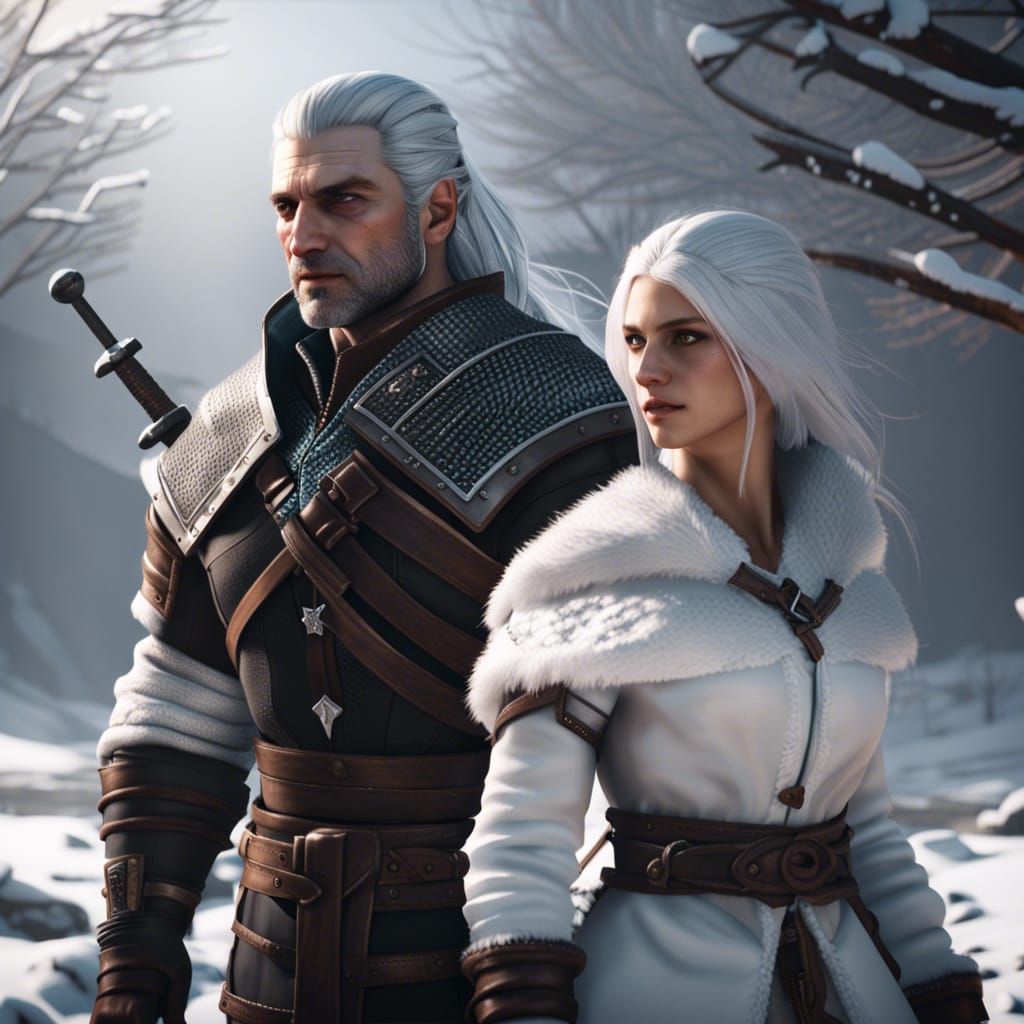 Geralt of Rivia and Female Witcher in Snow