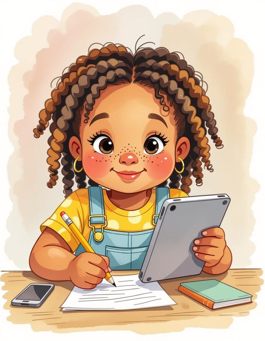 Colorful Watercolor Portrait of Girl Drawing at Desk