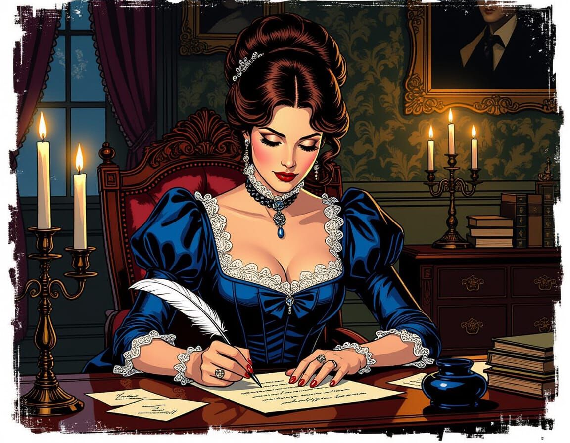 Victorian Lady Writing Letter by Candlelight