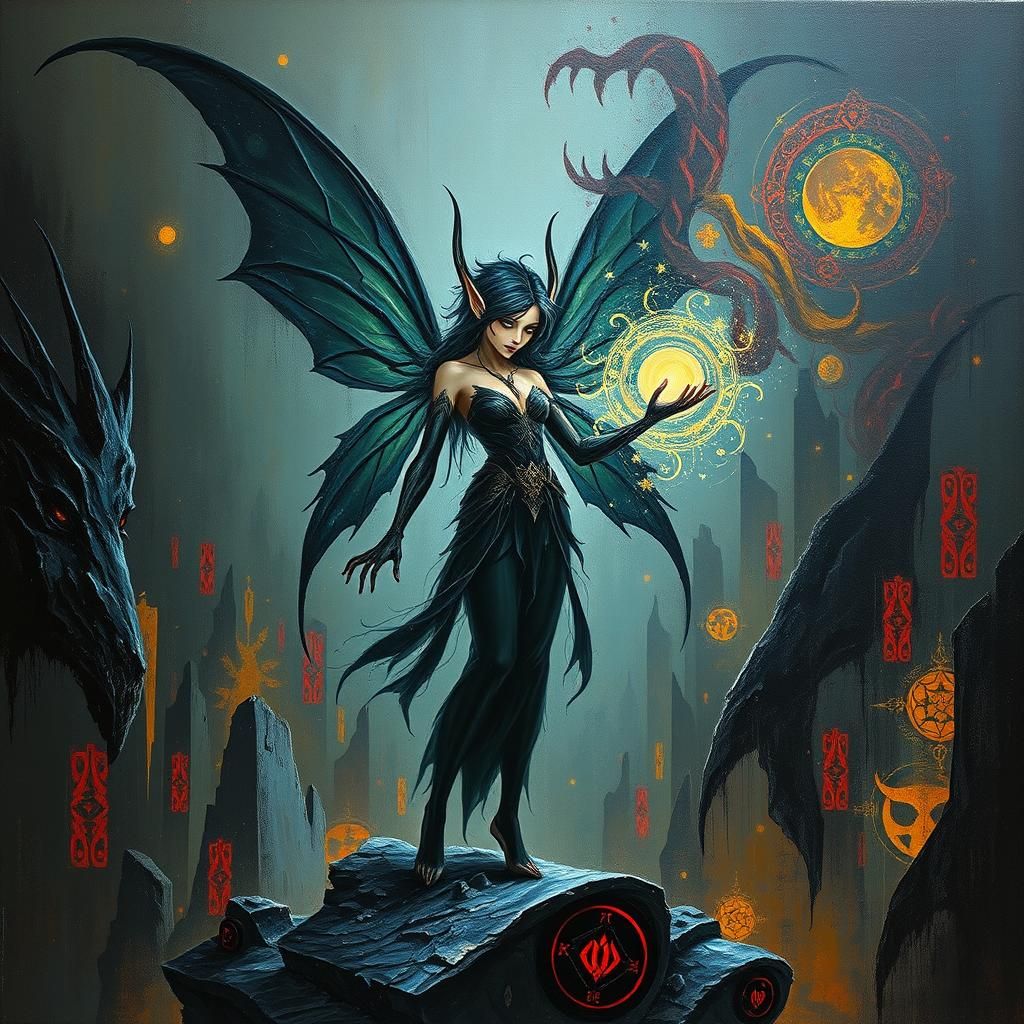 Mystical Fairy Elf Radiating Energy in Dystopian Cityscape