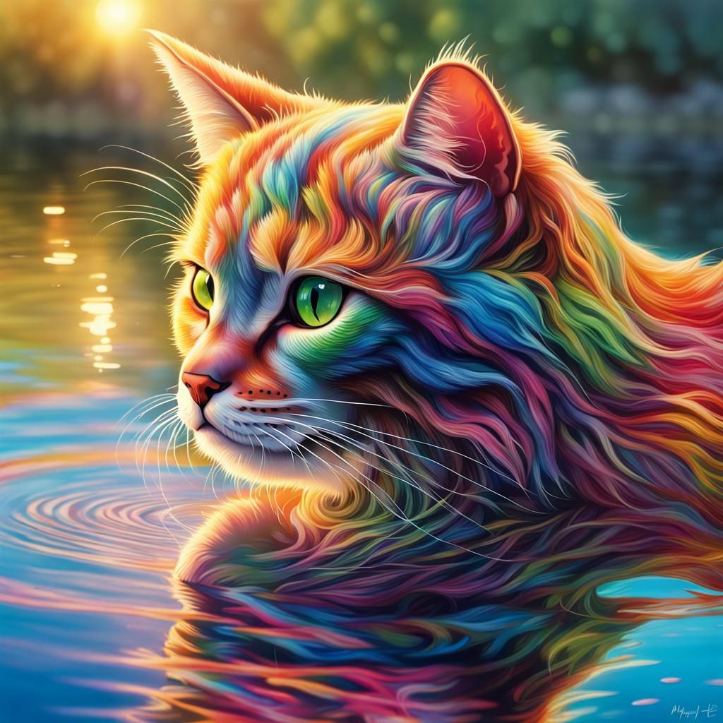 Hyperrealistic Rainbow Cat Reflecting in Water
