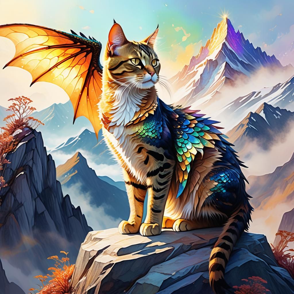 Watercolor Dragon Cat Perched on Mountain Peak