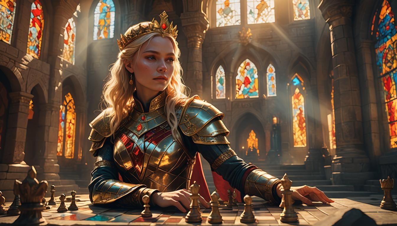 Queen at Chessboard in Mystic Temple Hall