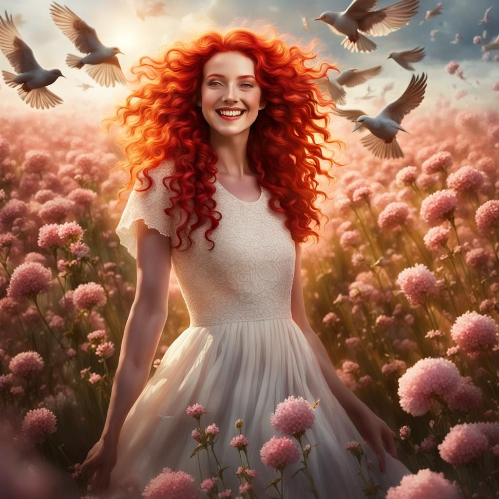 Red-Haired Woman in Flower Field: Detailed Digital Painting