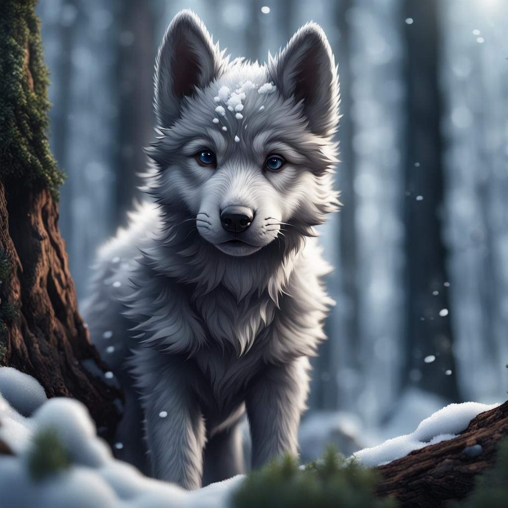Gray Wolf Puppy in Snowy Forest: Fantasy Concept Art