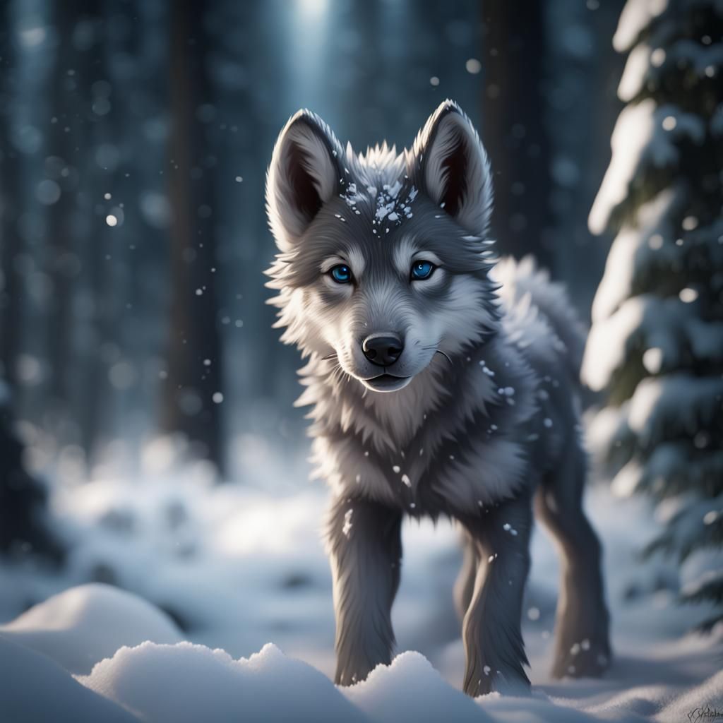 Gray Wolf Pup Portrait in Snowy Forest