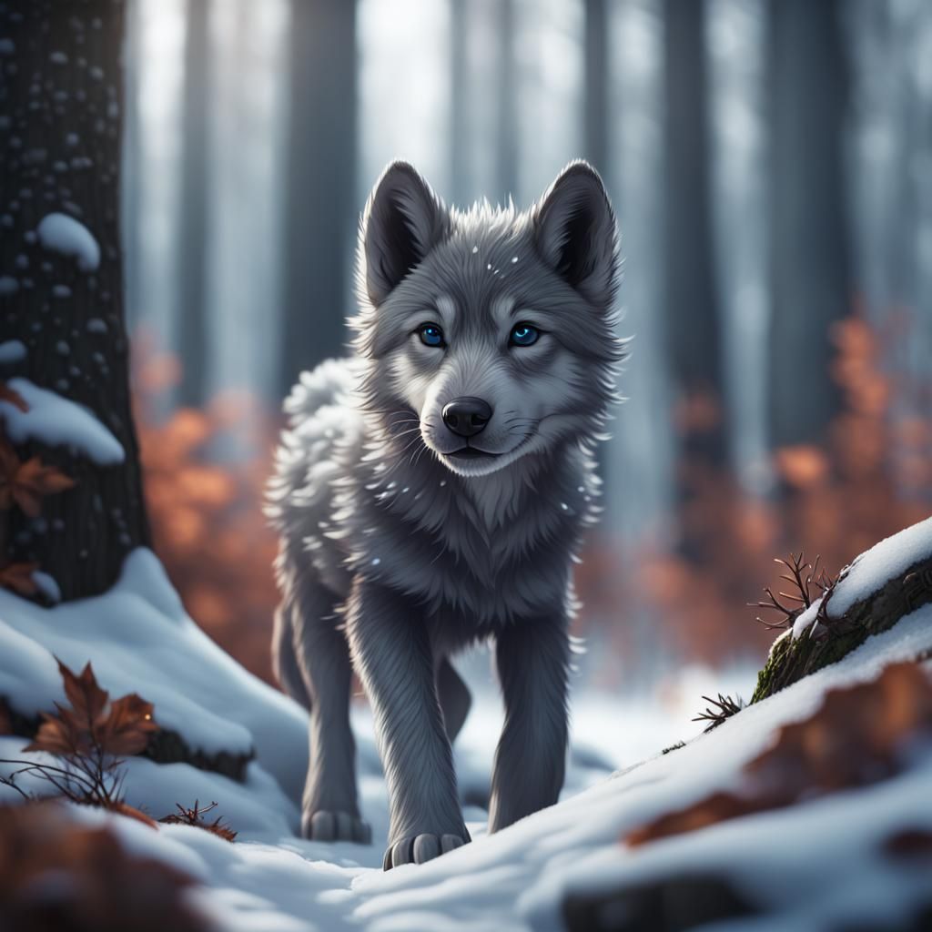 Gray Wolf Puppy in Snowy Forest: Fantasy Concept Art