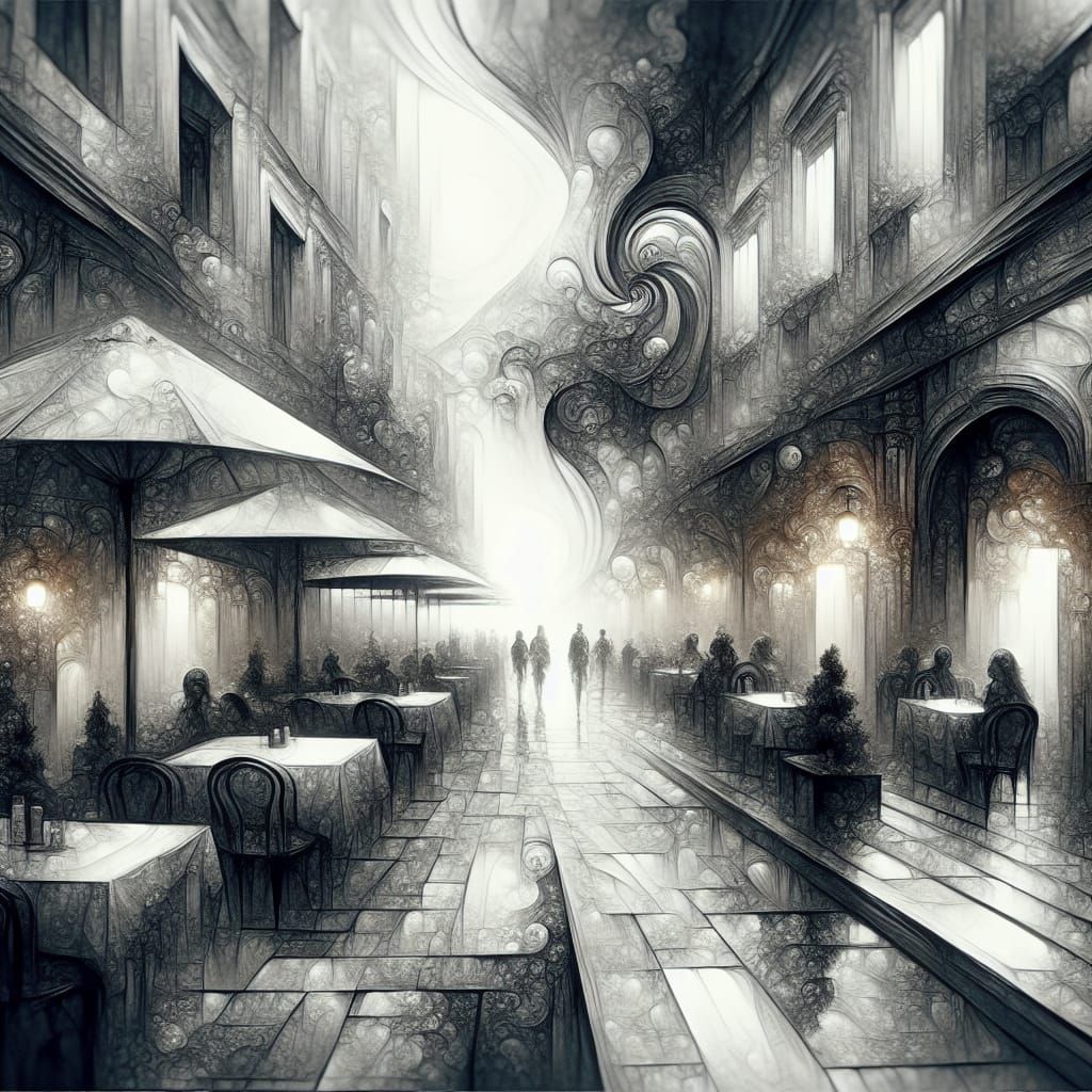 Surreal Cafe Scene in Digital Art Fusion Style