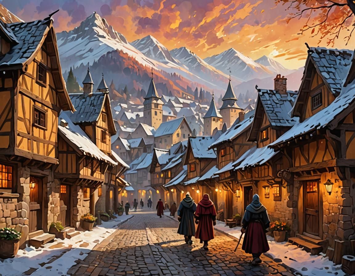 Medieval Village Landscape in Impressionist Style