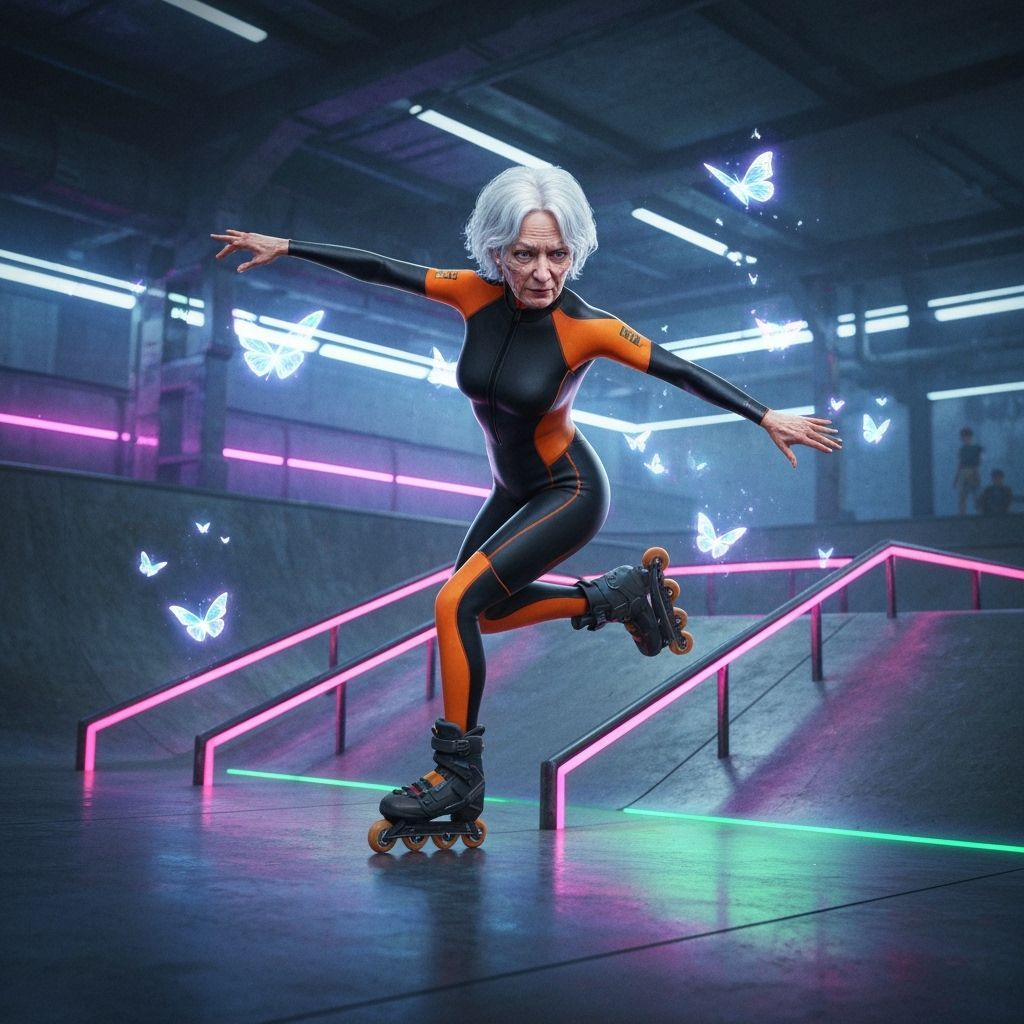 Cyberpunk Elderly Woman Shreds Futuristic Skatepark