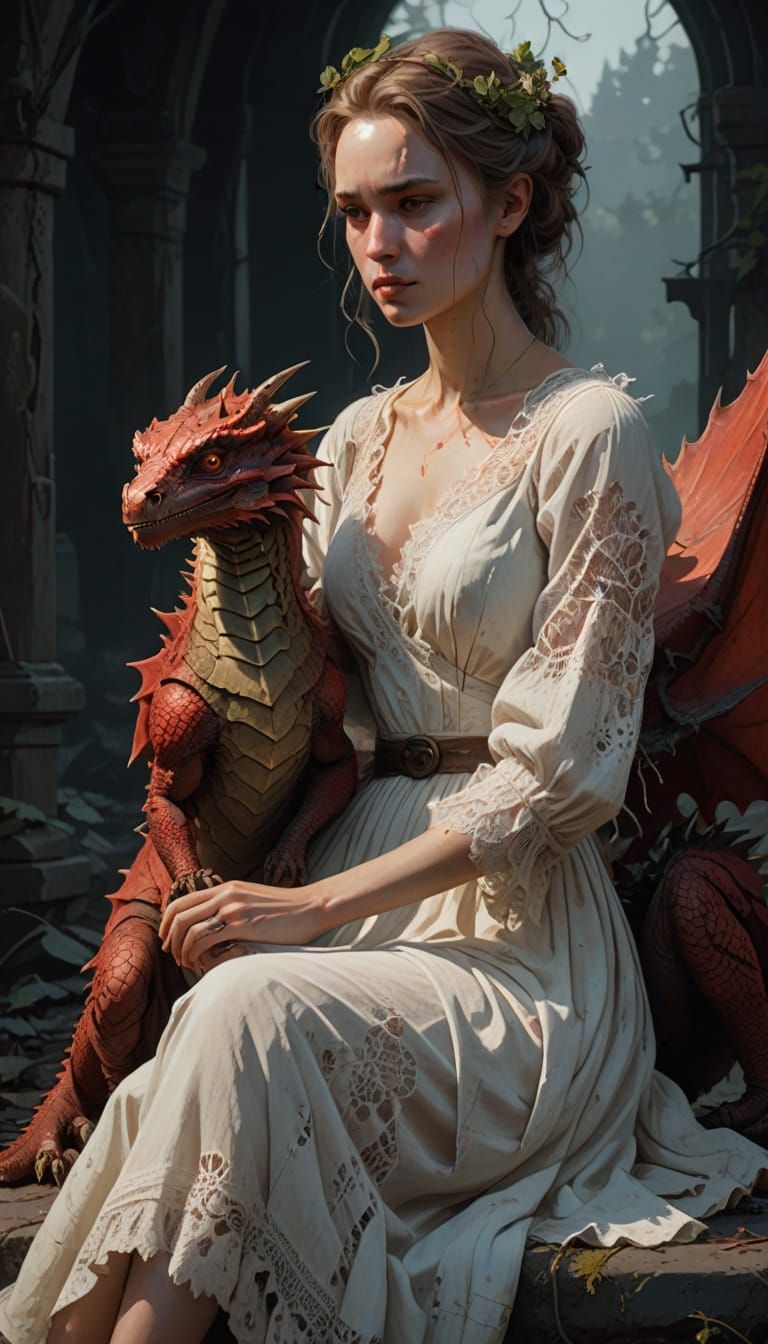 Motherly Love in a Tattered Gown with Tender Red Dragon