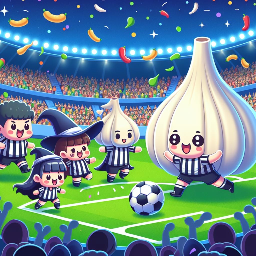 Disney Pixar style adorable kawaii Chibi soccer game, a team...