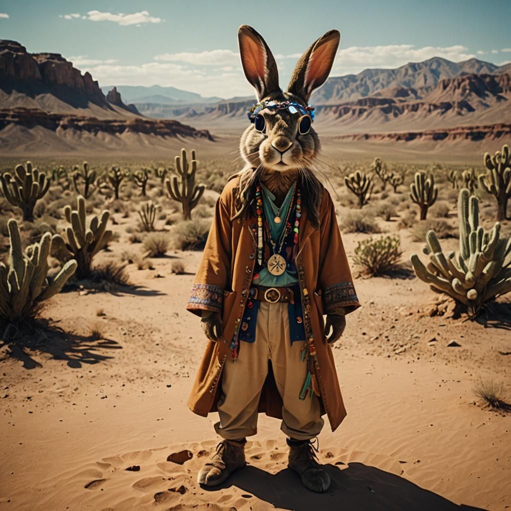 Hippie Rabbit in Desert, Cinematic Impressionism