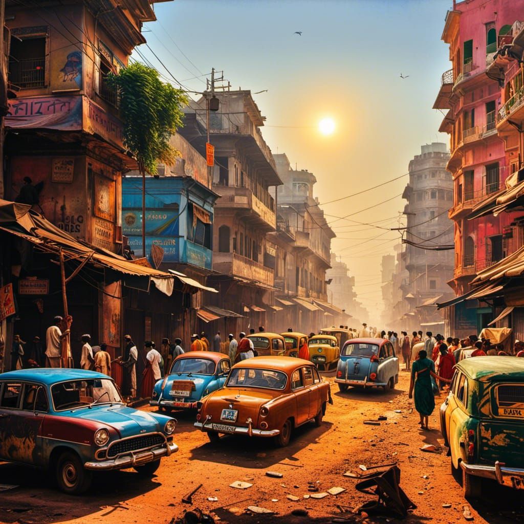 Vibrant Mumbai Street Scene in Naive Art Style