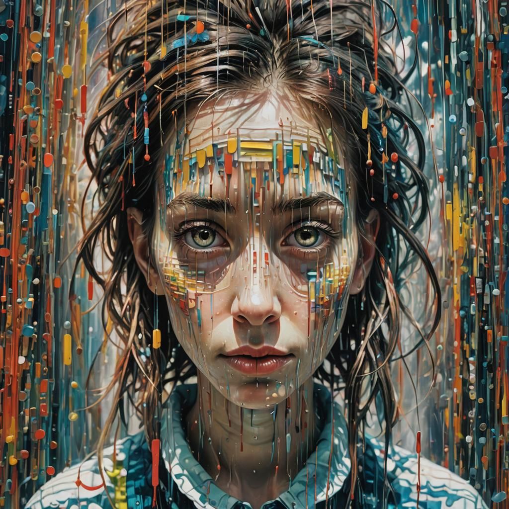 Glitch Art Meets Binary Code in Mythical Oil Painting