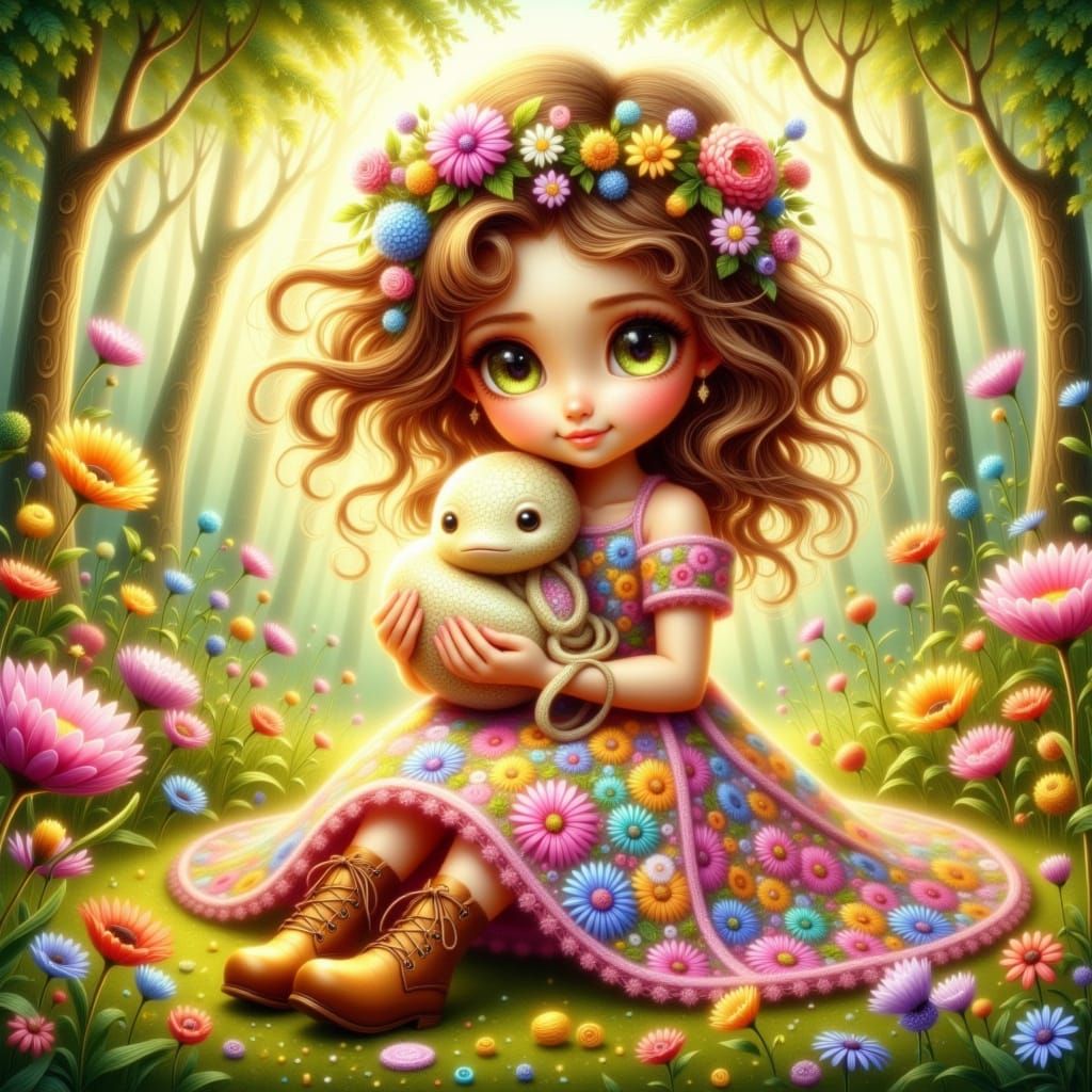 Whimsical Girl Cradles Axolotl in Enchanted Forest Glade
