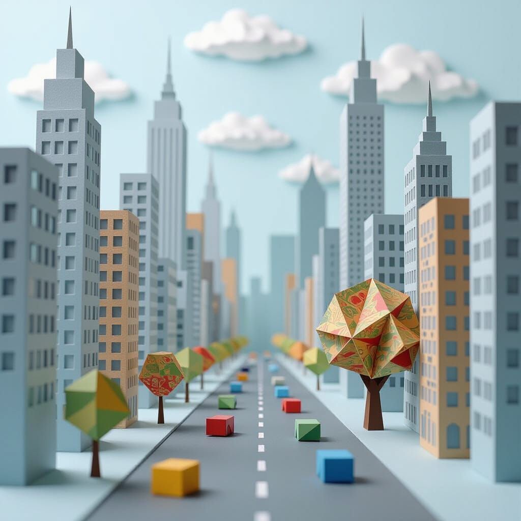 Futuristic Paper Cityscape with Geometric Skyscrapers