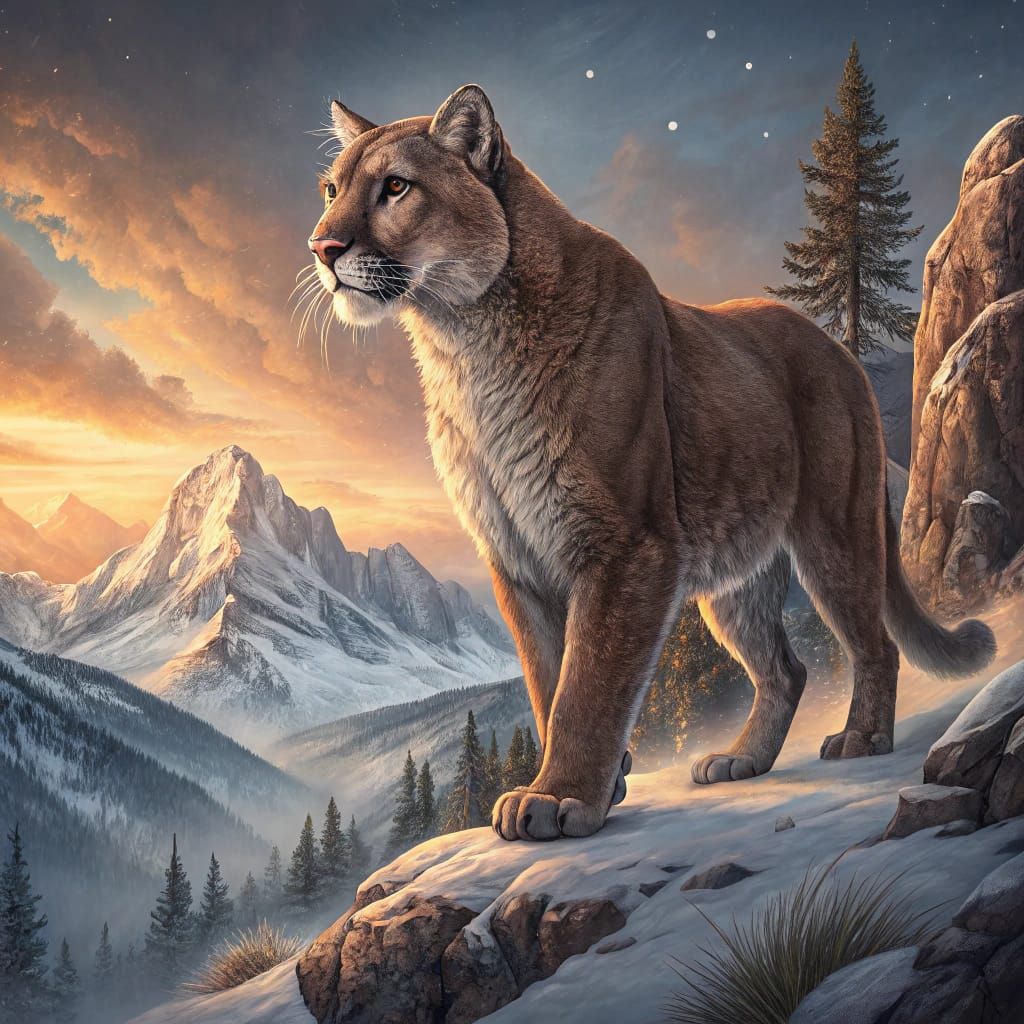 Regal Mountain Lion Dominates Winter Landscape in Hyper-Real...