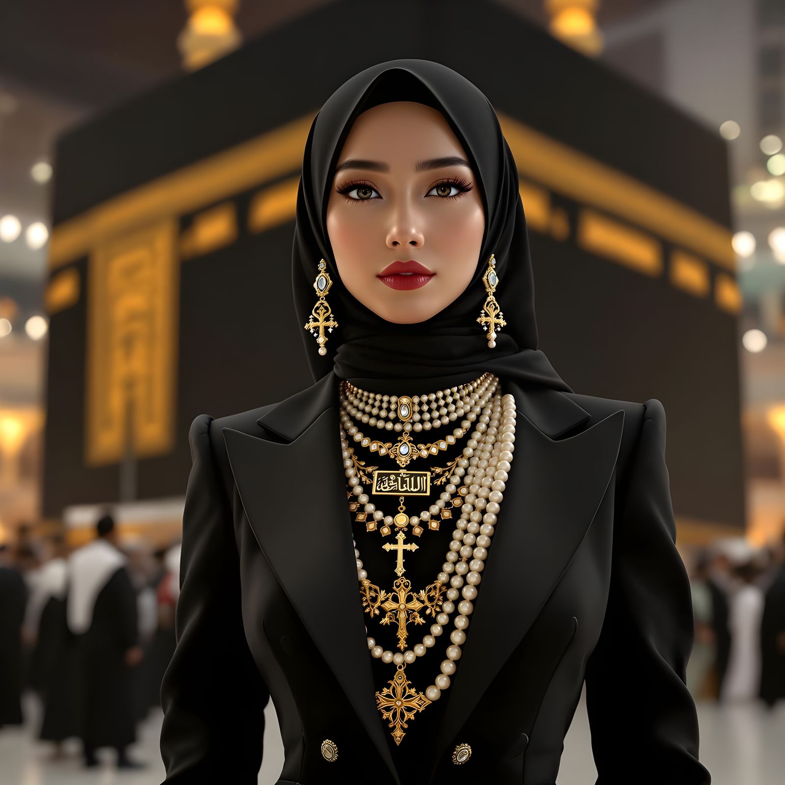 Woman in Hijab at Ka'bah: Golden Lighting