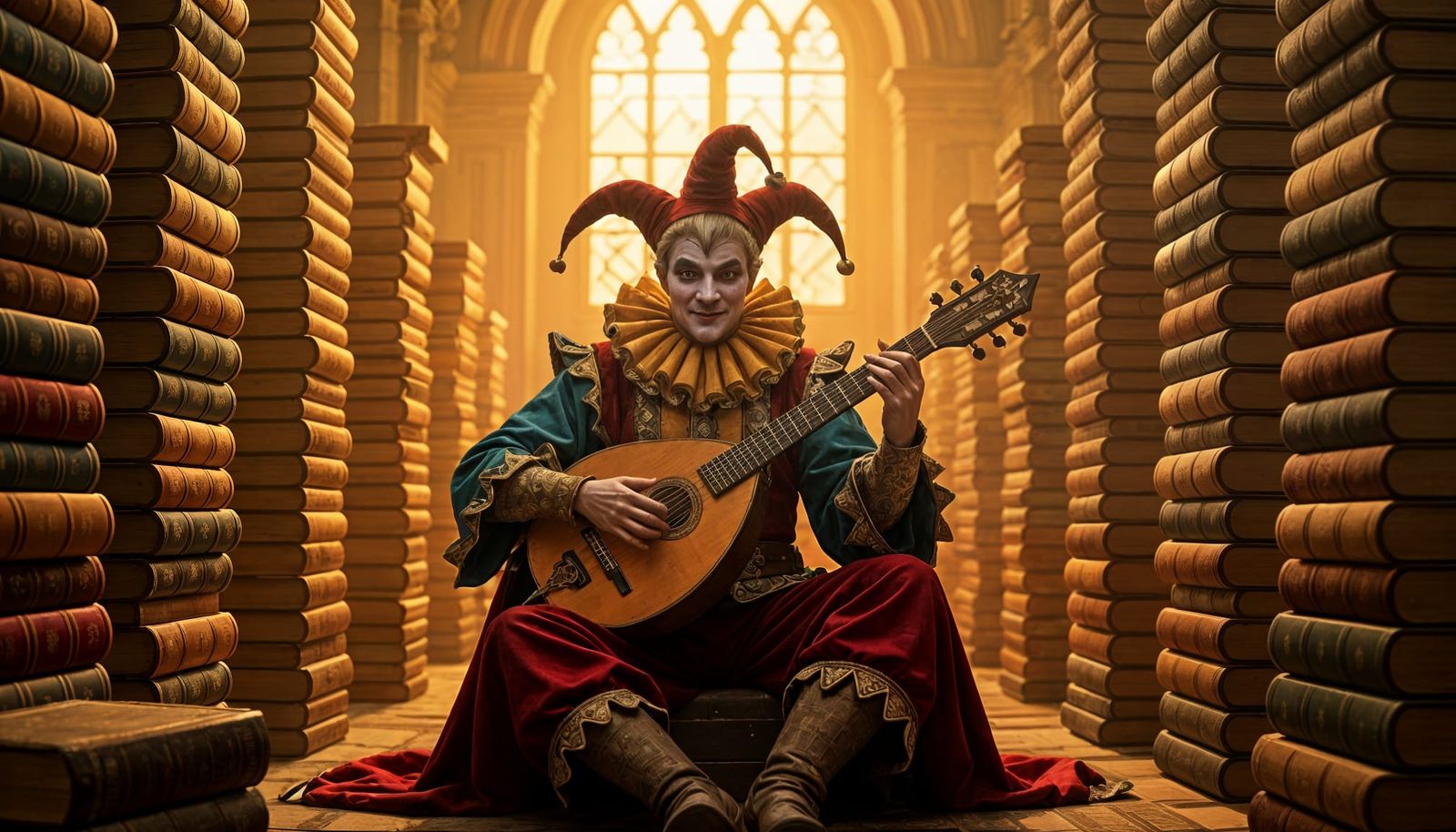 Medieval Jester Plays Lute in Library, Synthwave Style