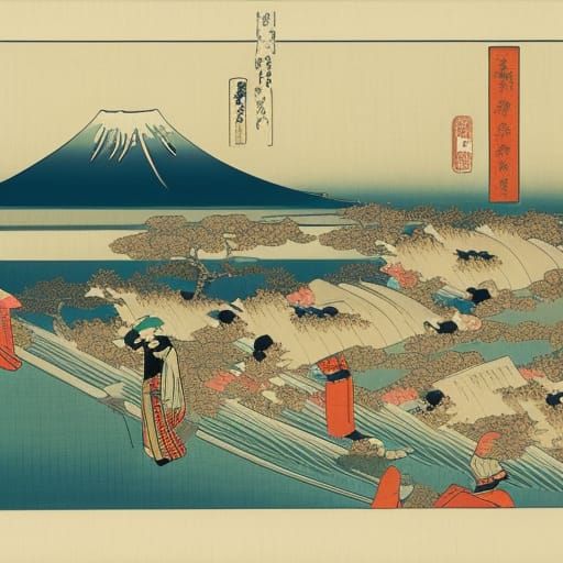 Art by Katsushika Hokusai, modern city traffic jam, vehicles reimagined in ukiyo-e style, skyscrapers as Mt. Fuji, subtl...