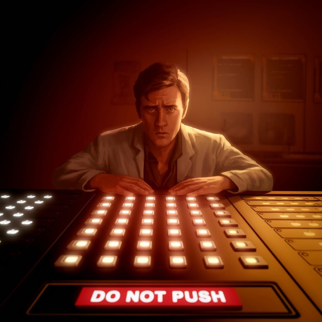 Technician Confronts the Red Button in a Laboratory