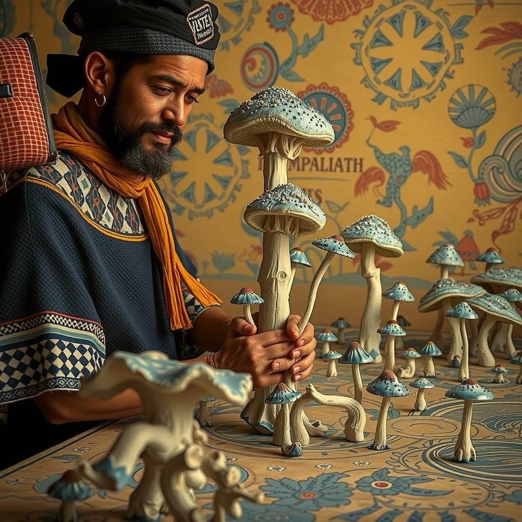 Mushroom Simulation: Linocut Print with Porcelain Workers