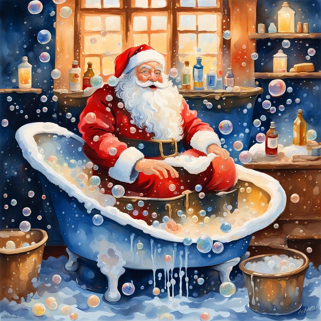 Father Christmas in Clawfoot Tub: Gouache Watercolor