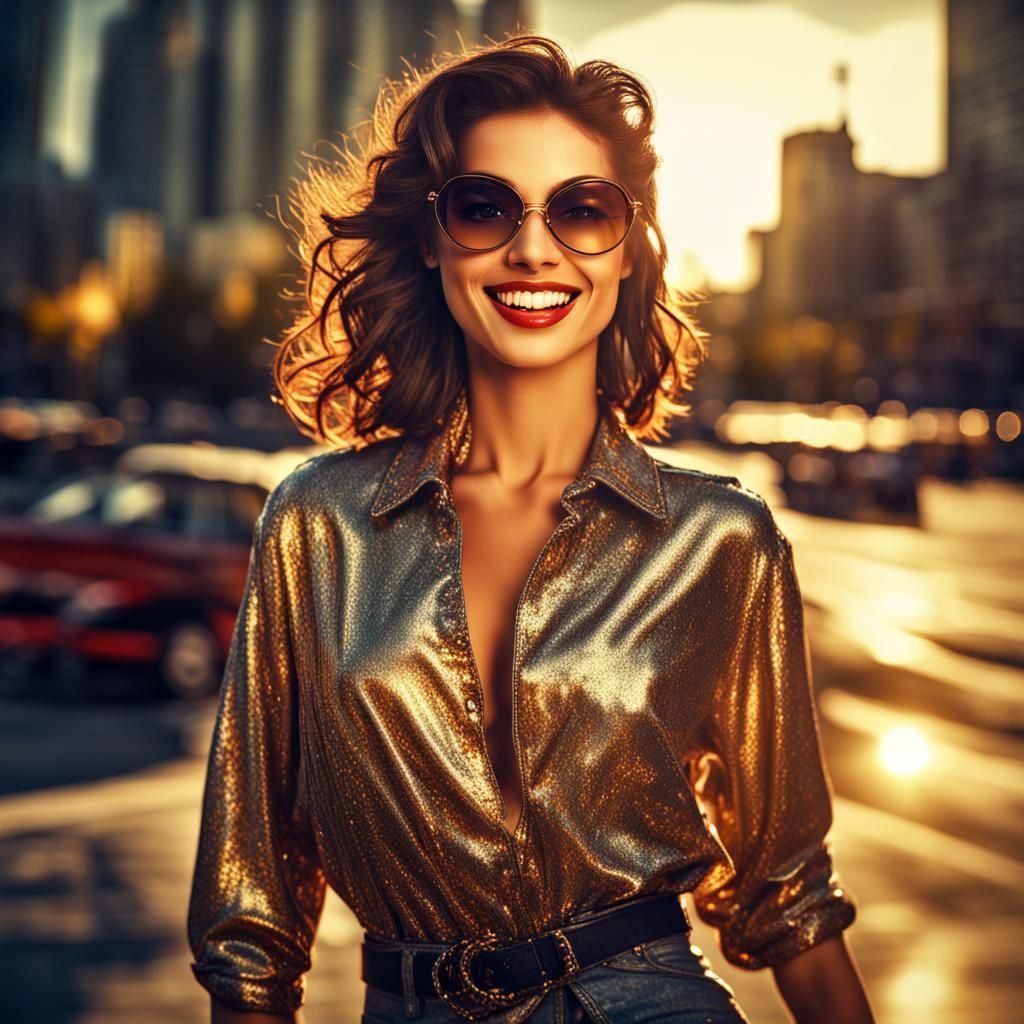 90's Glam Shot of Brunette in Disco Style