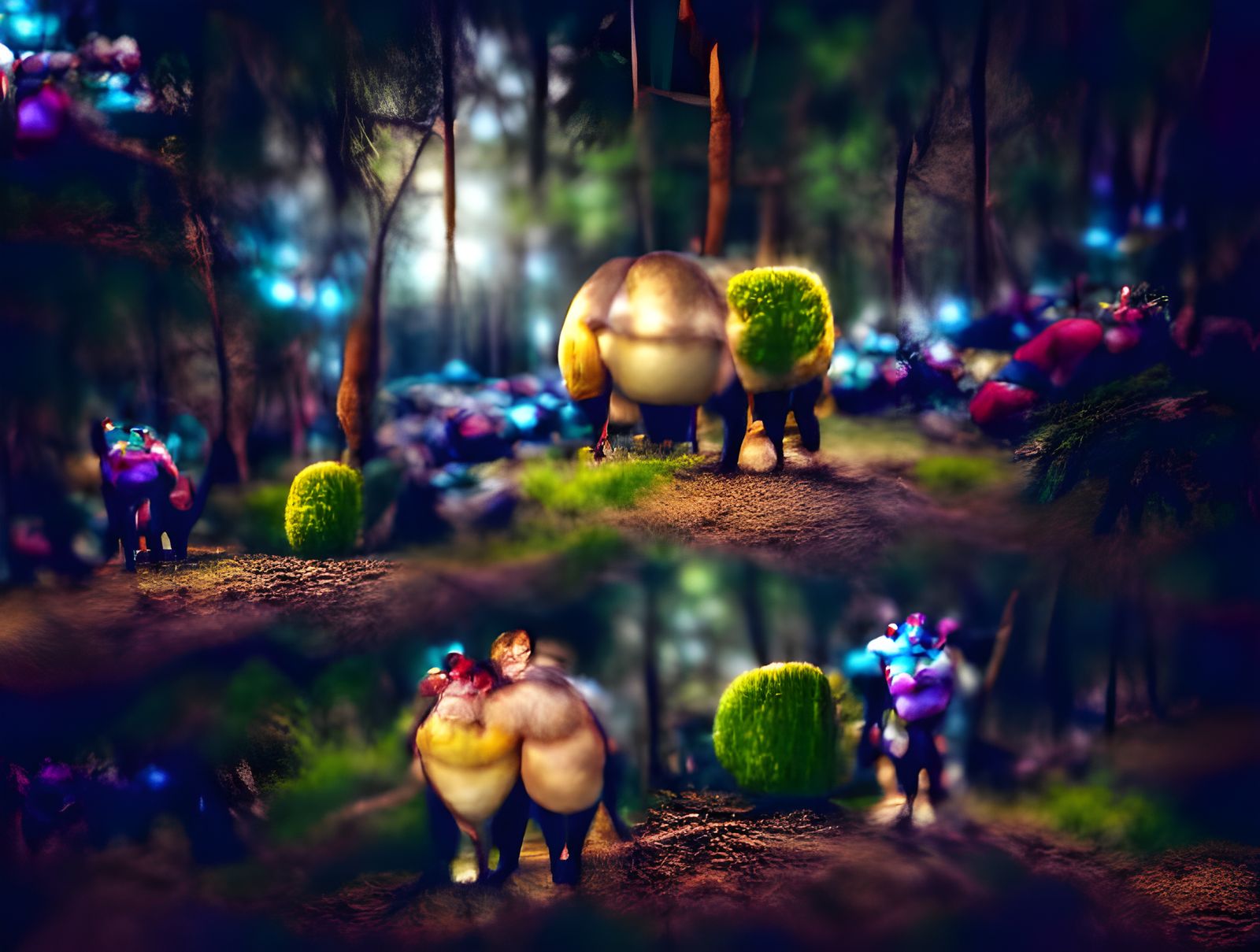 Cartoon Figures Holding Hands in Moonlit Forest