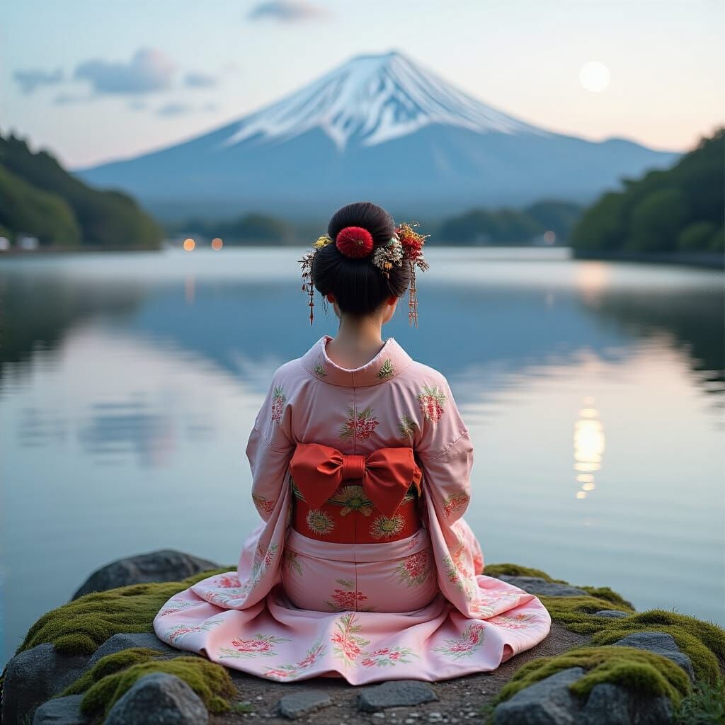 Serene Japanese Woman Admires Moonlit Lake Scene