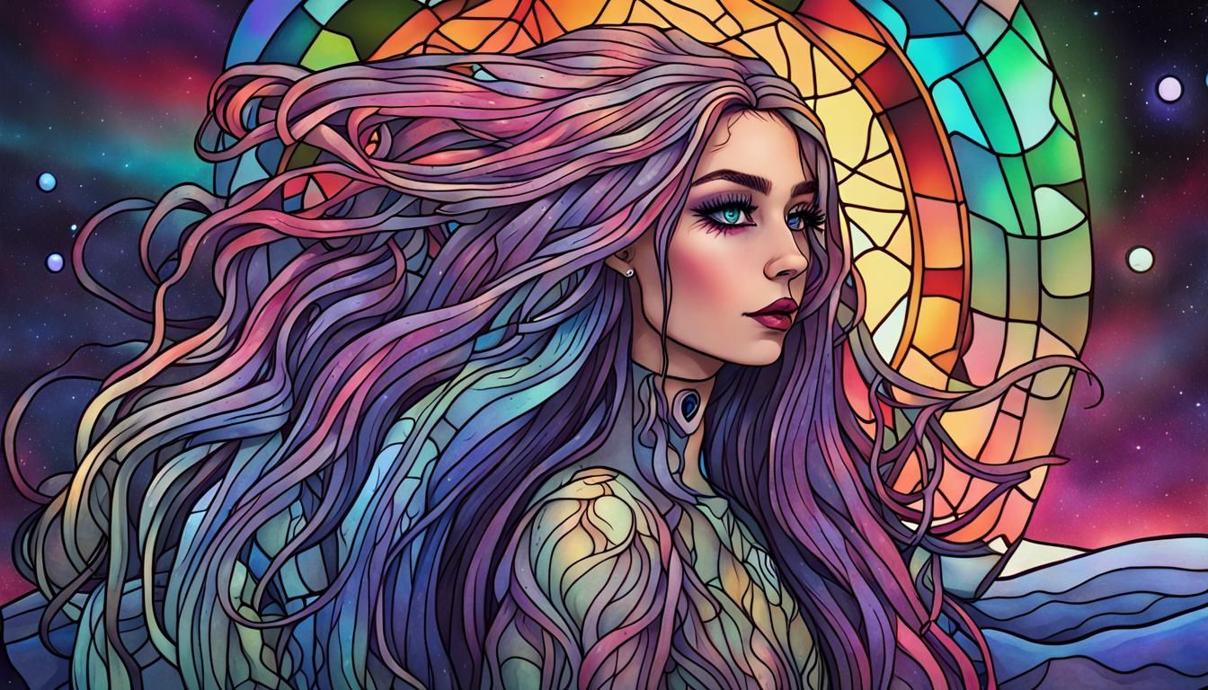 Stained Glass Galactic Girl on Cosmic Landscape