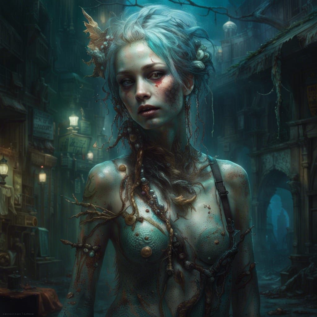 Iridescent Zombie Mermaid in Oasis: Digital Painting