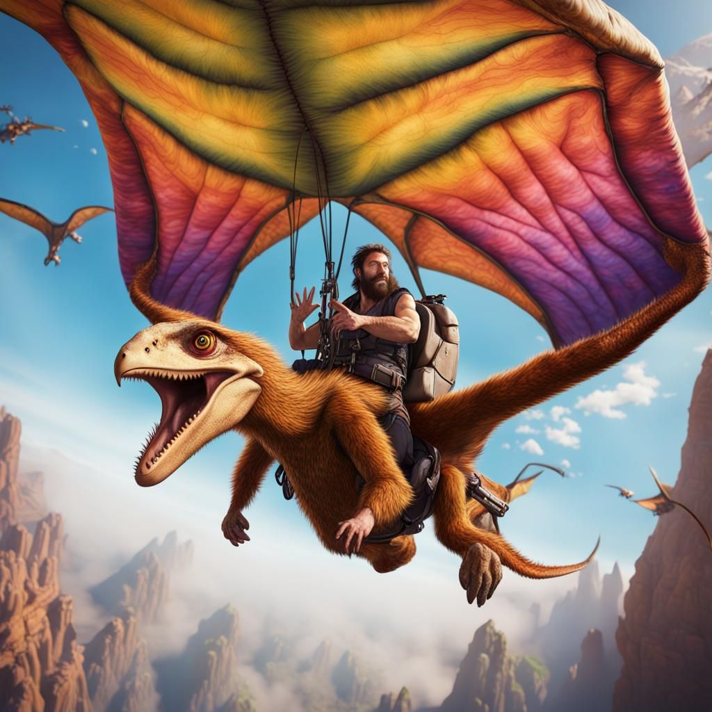 Caveman Skydiving off Pterodactyl in Detailed Matte Painting