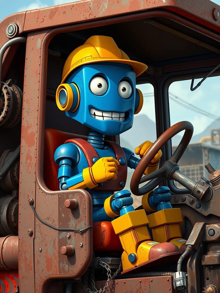 Whimsical Blue Robot in Rusty Dump Truck