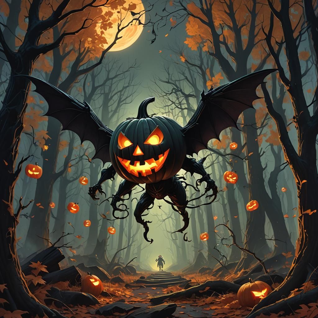 Demonic Jack O'Lantern Flies Through Eerie Forest