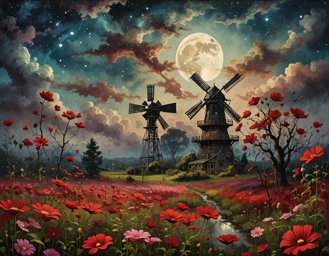 Crimson Cosmos Flower Fields: Vintage Oil Painting