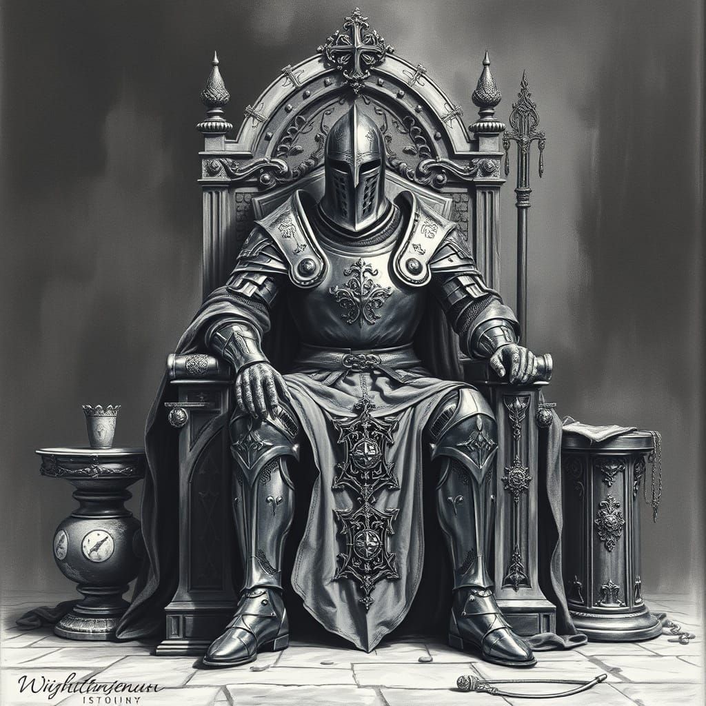 A Knight in Ornate Armor, Seated in a Haunting Hyperdetailed...