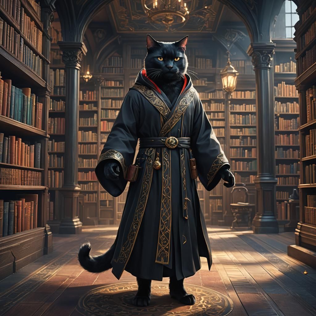 Anthropomorphic Black Cat Wizard in Library