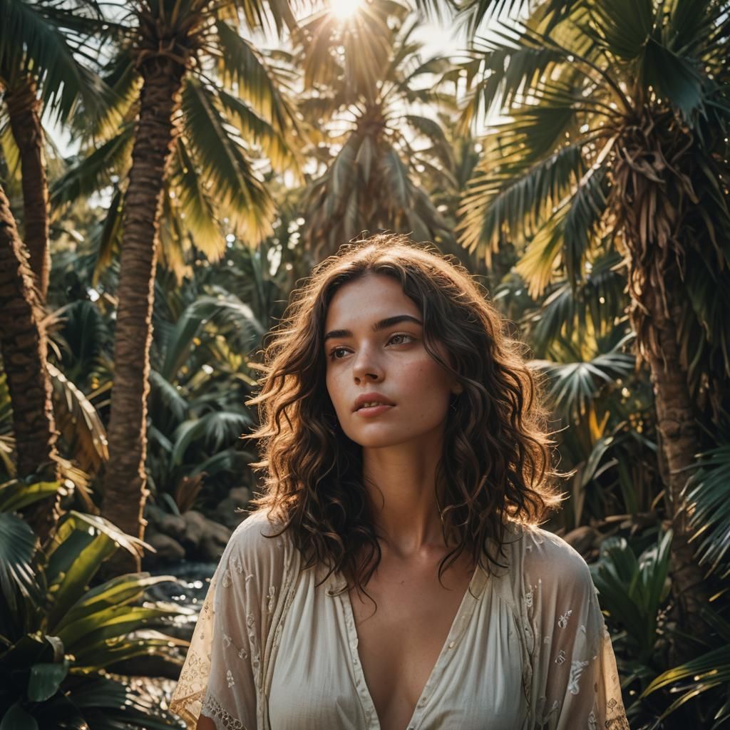 Brunette Woman in Oasis at Sunset: Cinematic Film Still