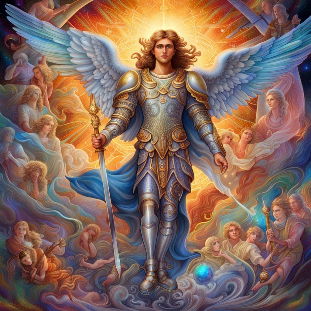 Holographic Astral Illustration of Archangels in Cosmic Scen...