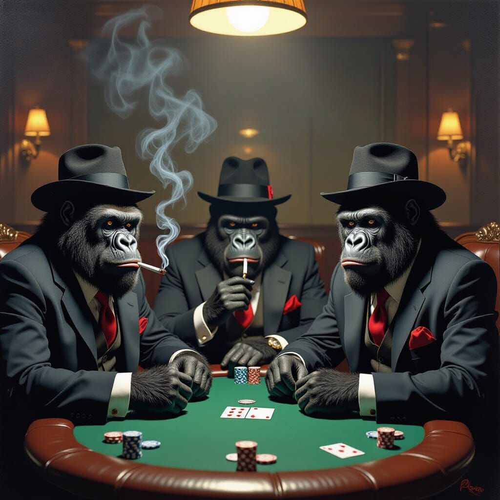 Gorillas in Suits Play Poker in Smoky Room
