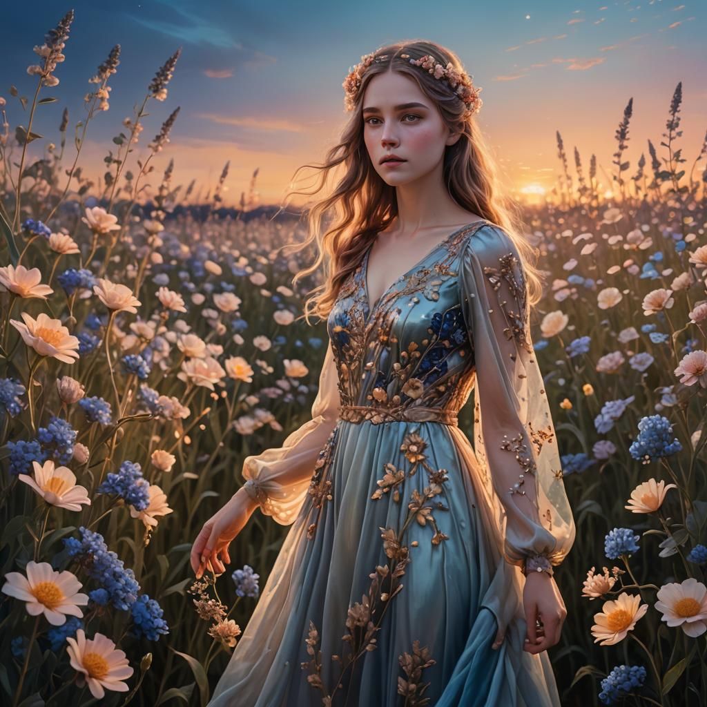 Girl in Twilight Field: Dreamlike Concept Art