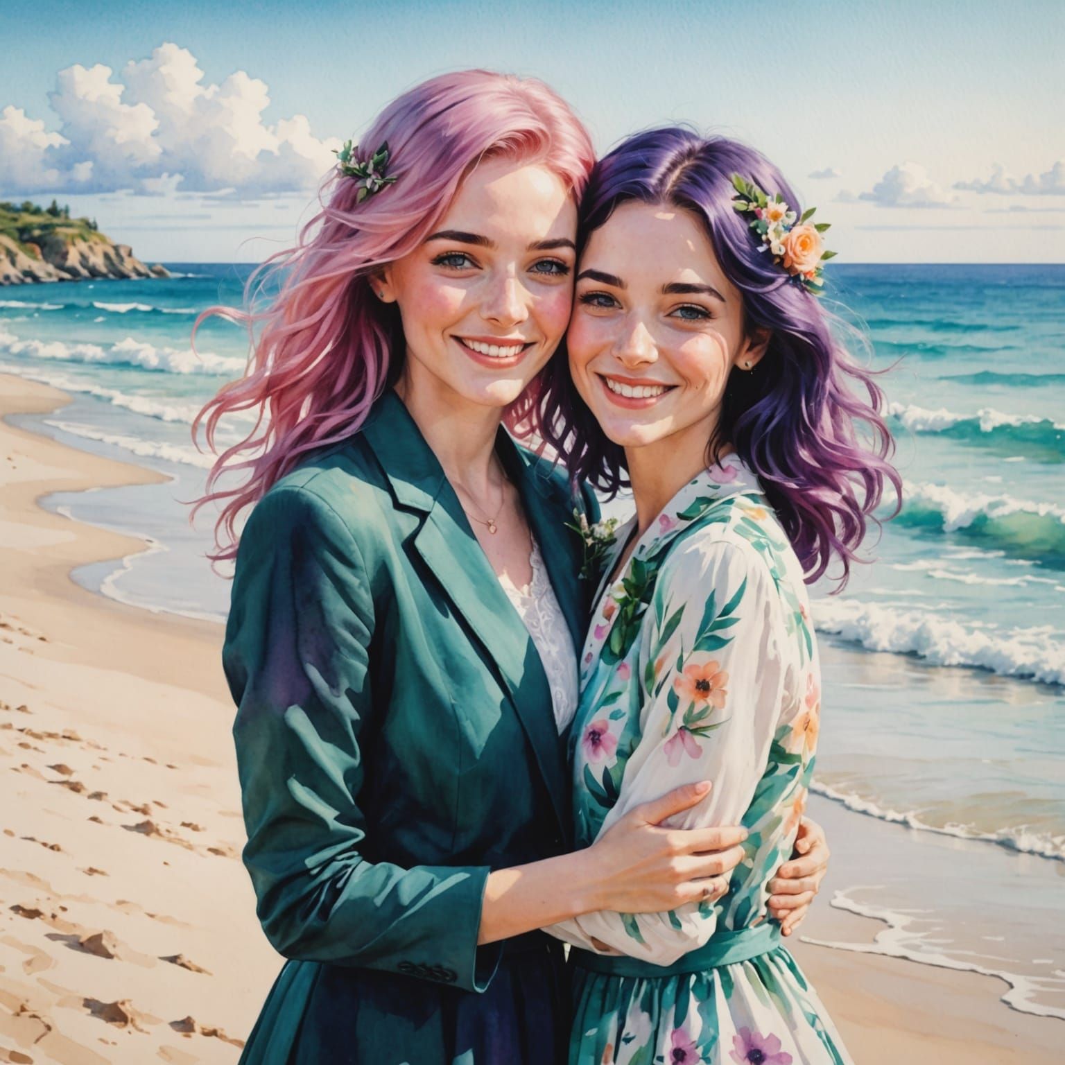 Romantic Beach Wedding in Watercolor Style