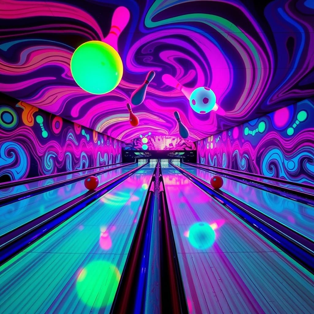 Vibrant Retro-Futuristic Bowling Alley Scene in Neon Hues