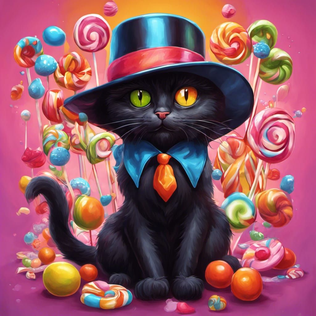 Black Cat in Candy Art Style with Fedora