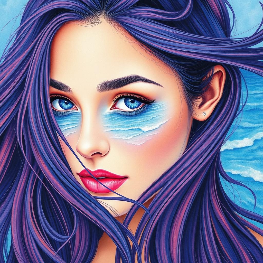 Sapphire-Haired Woman: a Colored Pencil Seascape Portrait