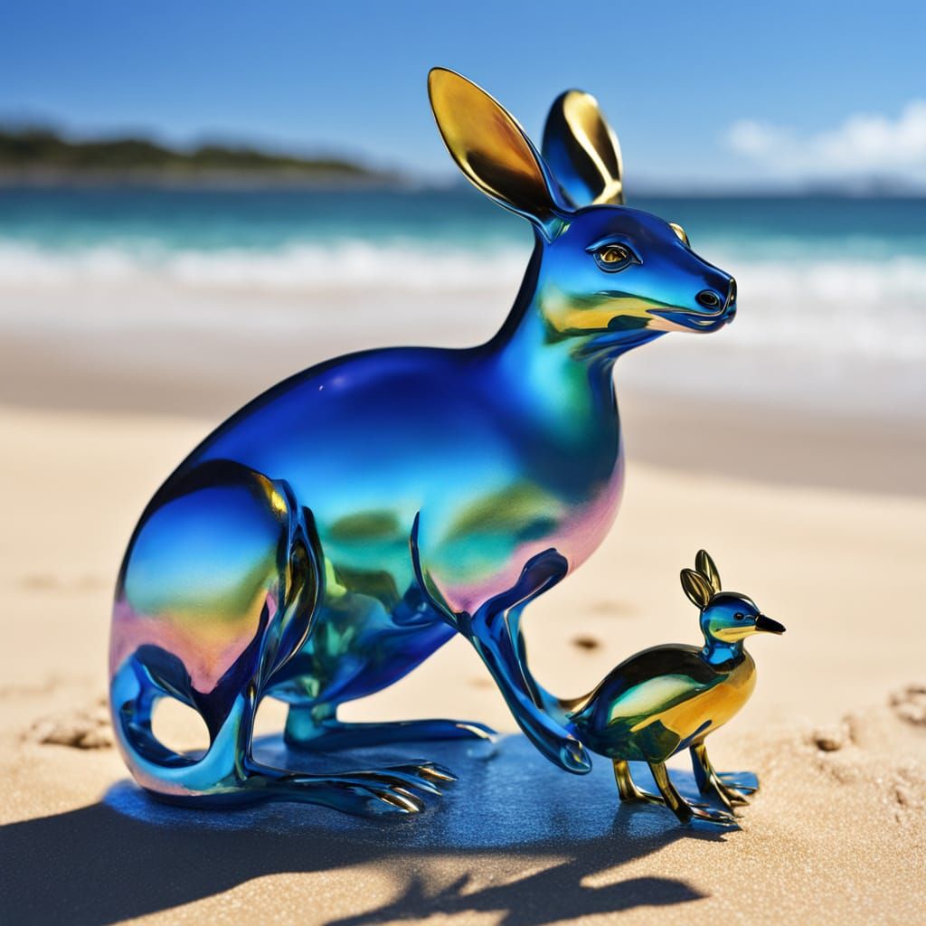 Kangaroo and Duckling Beach Sculpture in Fantasy Style