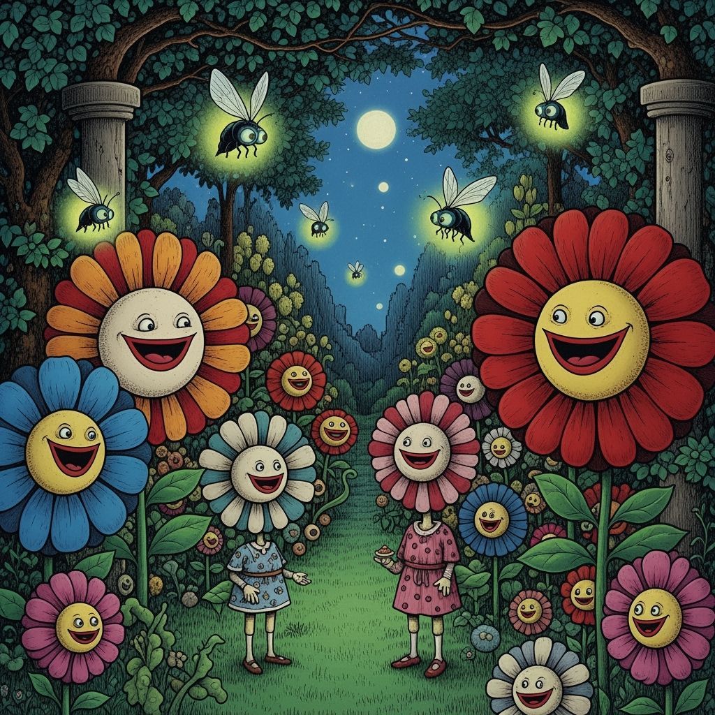Surreal Garden at Night with Talking Flowers and Fireflies